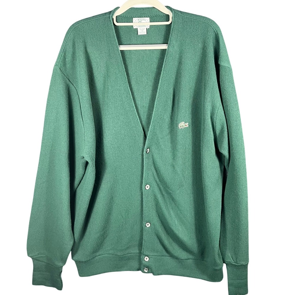 Izod Lacoste Cardigan Sweater Mens XL Green Vintage V-Neck Acrylic USA Made